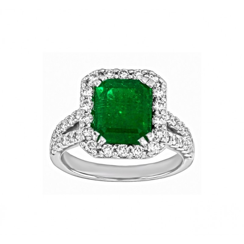 Emerald Cut Emerald and Diamond Halo Ring