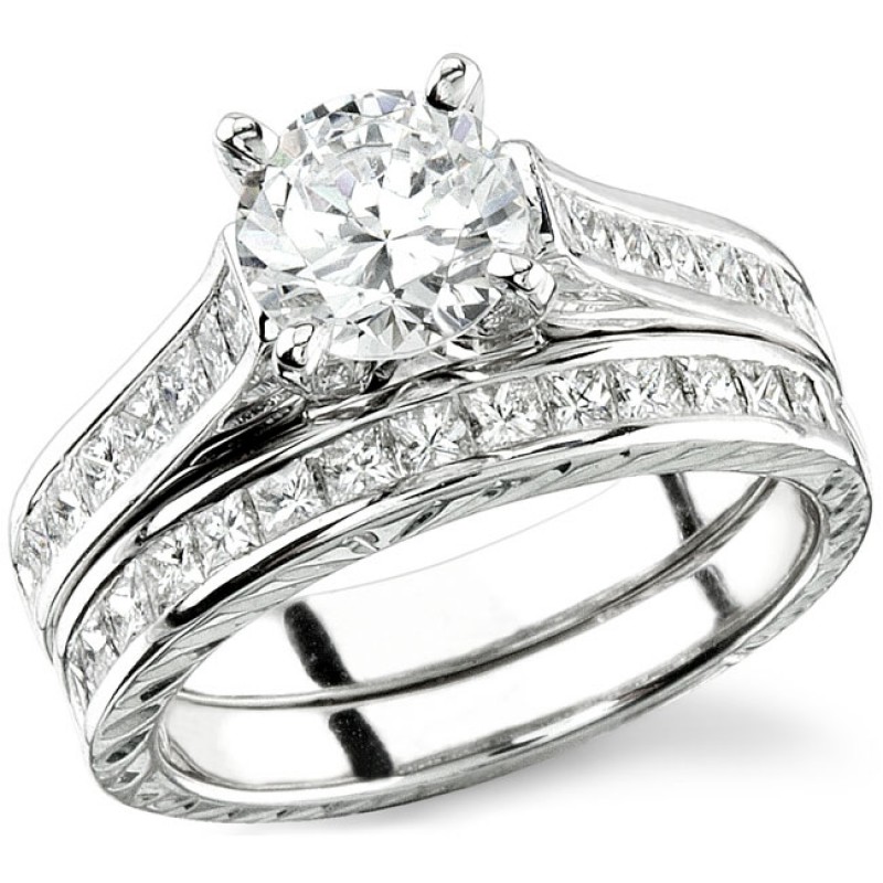 18k White Gold Princess Cut Engagement Ring and Wedding Band Set