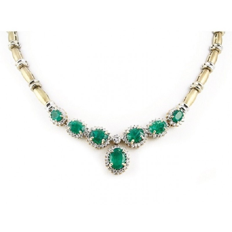 Oval Shape Emerald and Diamond Halo Necklace 14280