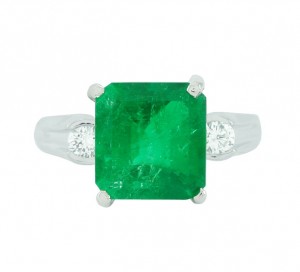 Emerald and Diamond Three Stone Ring Top 12314