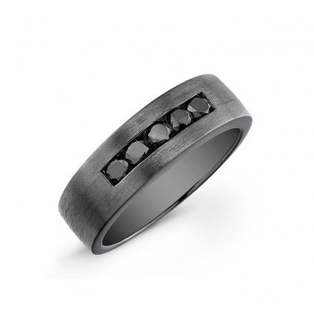 Brushed Black Sterling Silver Channel-Set Black Diamond Mens Band